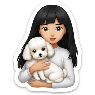 A beautiful girl with long black hair and bangs hugs a super small Bichon Frise dog sticker