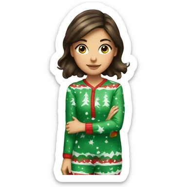 brunette girl wearing christmas pajamas decorating a christmas tree sticker