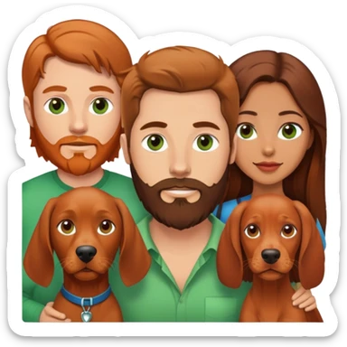 White male with brown hair and  green eyes and beard and Hispanic female with with brown eyes and brunette long hair and red vizsla dog sticker
