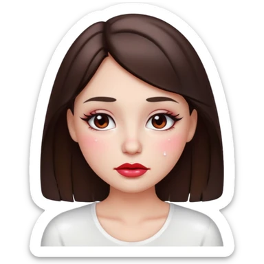“Emoji brunette girl white top, dewy skin, heavy blush across cheeks and nose bridge, glossy cherry lips, soft eyeliner, teary sparkling eyes like hanni from new jeans sticker