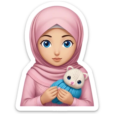 Turkish beautiful finish Konya girl blue eyes with hijab and Sakura dress does knitting sticker