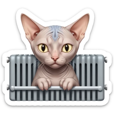 A gray bald cat of the Don Sphynx breed warms himself in a radiator and sighs with a tired look sticker
