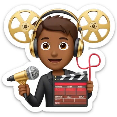 Create a dynamic and cinematic emoji that represents voice-over and dubbing in films. The design should feature a microphone, sound waves, and a film reel or movie clapperboard, symbolizing the connection between voice acting and film production. Add elements like headphones or a voice actor's silhouette to emphasize the human element of dubbing. Use vibrant, cinematic colors like gold, black, and red to create a sense of drama and creativity. The background should be transparent. sticker