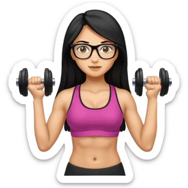 Mujer fitness usando mancuernas con lentes y cabello largo negro sticker