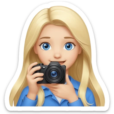  blue eyes blonde girl photographer cartoon taking picture in middle of taking picture camera in front of face long hair smiling funny flash professiona sticker