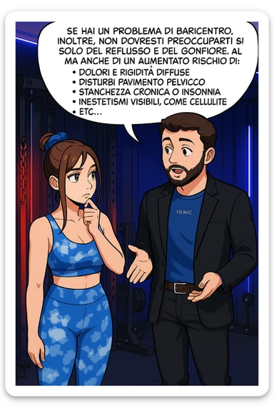 TRASFORMA QUESTO CAROSELLO IN UN FUMETTO STILE WEBTOON/MANGA A COLORI CON QUESTE DUE PERSONE IDENTICHE CHE INTERLOQUISCONO TRA LORO, L'uomo sta spiegando alla donna questo concetto MENTRE LA DONNA SI TIENE L'INDICE SUL MENTO ASCOLTANDOLO PENSIEROSA:

Se hai un problema di baricentro, inoltre, non dovresti preoccuparti solo del reflusso e del gonfiore addominale, ma anche di un aumentato rischio di:
    • dolori e rigidità diffuse
    • disturbi pavimento pelvico
    • stanchezza cronica o insonnia
    • inestetismi visibili, come celluluite
    • etc… sticker