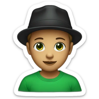 A child with green eyes, wearing a black hat and a green T-shirt with a black letter “G” on T.Shirt sticker