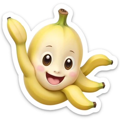 Cute Kawaii Banana, slightly curved, soft pastel yellow, cute giggling face with big round eyes, tiny arms waving happily, a peeled section revealing a smiling expression! sticker