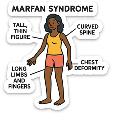 Create an educational graphic highlighting Marfan syndrome in a Black woman. Show a tall, thin female figure with long limbs and fingers, curved spine, chest deformity, and subtle facial features. Include clear labels for each characteristic. The style should be clear, informative, and suitable for a general public audience. sticker