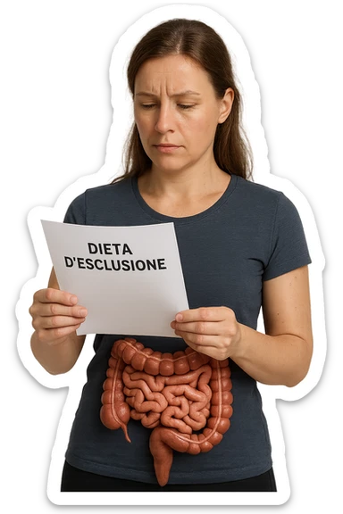 donna con intestino umano anatomico in evidenza che legge un foglio con la scritta "DIETA D'ESCLUSIONE, iperrealistica 4k sticker