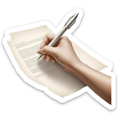 A glowing, slightly transparent hand—representing the future self—emerges from a piece of paper, offering a pen to the present self. The present self’s hand, solid and real, reaches out to take it, symbolizing the moment of choosing action over procrastination, guided by the future self’s wisdom. sticker