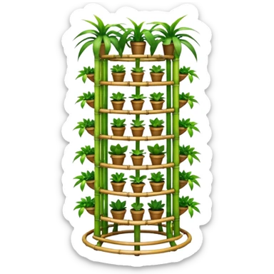 Very Large alien-futuristic multi-tier multi-level curved plant rack, which holds twenty-five plants, constructed from 7/8ths of an inch thin vining bamboo poles  sticker