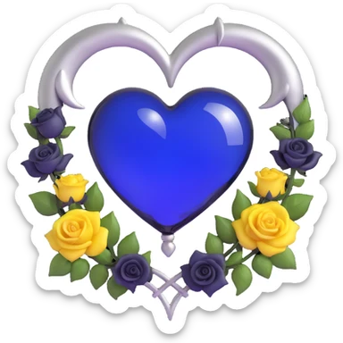 gothic heart made of midnight blue glass, adorned with a silver crescent moon and tiny black roses, mysterious and rich sticker