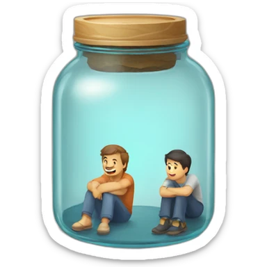 a glass jar standing on the floor between two man's feet sticker