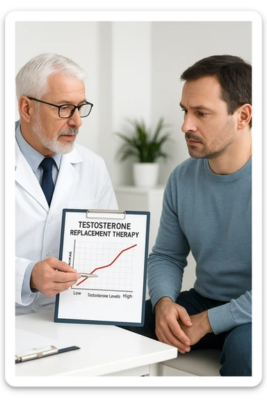 a man in his 40s sits in a doctor’s office, listening attentively as a physician explains TRT (Testosterone Replacement Therapy). The doctor holds a prescription pad and points to an educational chart showing testosterone levels. The mood is professional and informative, with a clean, clinical background. in italiano sticker