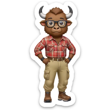 friendly anthropomorphised bison in cargo pants and plaid shirt, wearing glasses, jogging upright, relaxed pose sticker