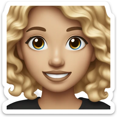 White-skinned adult woman, smiling, glitter makeup on her face, blue eyes, long brown-to-blonde ombre wavy hair, ring earrings, black T-shirt. sticker