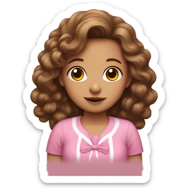 A girl with long curly brown hair and pink shirt with a bow sticker