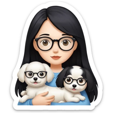A girl with long black hair and glasses holding a white dog sticker