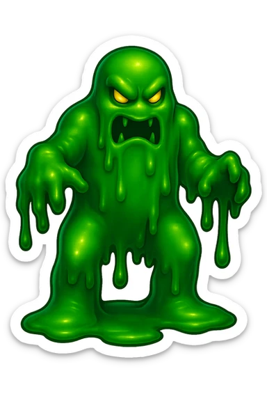 Slime monster. green slime. scary sinister. slime attacks. show full body. more dripping slime. talk humanoid slime creature. sinsiter and scary...green slime. has 2 arms and a vague head sticker