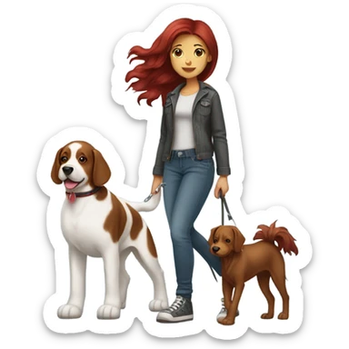 Dark red hair girl wearing  jeans  walking  large breed  dog  sticker