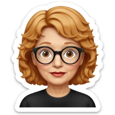 woman 70 years old, very short strawberry blonde weavy hair, brown eyes and round dark glasses sticker