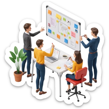 a diverse team sketching ideas on a whiteboard full of sticky notes, skeuomorphism style sticker