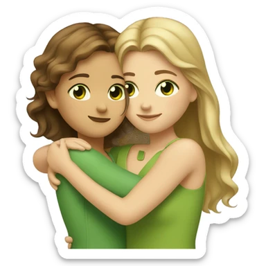 Two girls hugging: one has brown hair and brown eyes, and the other is blonde with green eyes. sticker