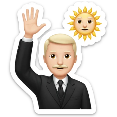 Adolf h , wearing suit and mustache short like charlie chaplin. Raising his hand to sun sticker