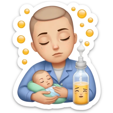 Hair: Buzzcut with baby photo sticker on temple Face: Sleep-deprived squint, formula powder residue Clothes: Stained button-up with mismatched socks Action: Bottle-warming while debugging code sticker