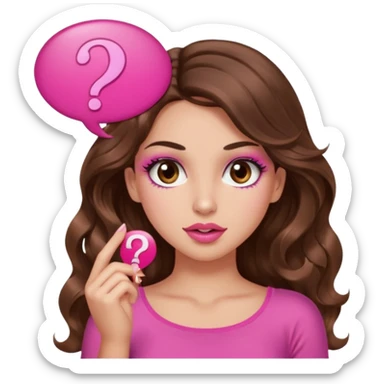 girl with long wavy brown hair, brown eyes, long lashes makeup, sexy pink lips, light to medium complexion, wearing a pink sexy top, shugging, question mark one speech bubble sticker