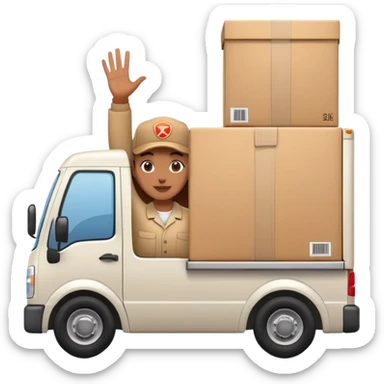 delivery truck driving with a supplier waving from the window, full of packages sticker