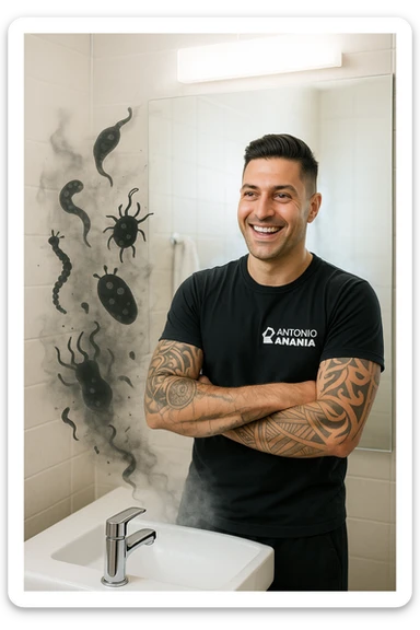 a man stands in a brightly lit bathroom, looking relieved and revitalized as he examines his reflection in the mirror. In the foreground, stylized, shadowy images of parasites (such as worms or protozoa) are shown leaving his body, dissolving into mist or fading away. His posture is upright and his expression is one of newfound energy and health. sticker