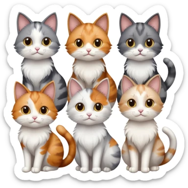 6 realistic looking cats with different natural coloured coats, assorted grey and white, greys, calico, brown and white colours etc
 sticker