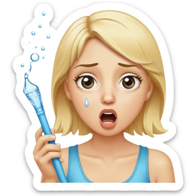 blond woman with wide eyes, holding a skin-colored stick, water squirting from the stick into her mouth, shocked face sticker