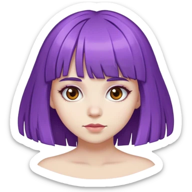 A girl with purple hair , bangs, brown eyes, white skin sticker