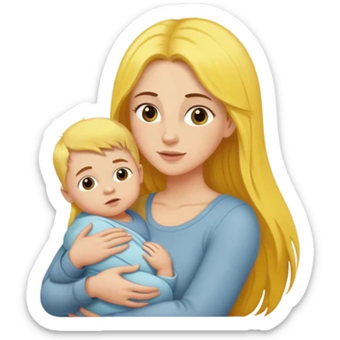 mom with long brown hair holding boy baby with yellow hair sticker