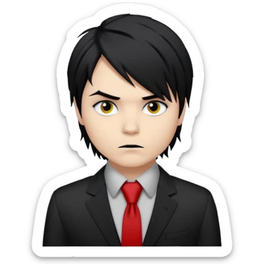 Gerard Way (Revenge Era)
Round, simplified emoji style
Pale skin tone dark eyes
Jet-black, shoulder-length hair messy and emo
Heavy eyeliner and slight red shadow under the eyes
Subtle serious
Hint of red tie visible on black button up shirt.
Transparent background. Black eyeliner. Messy emo hair sticker