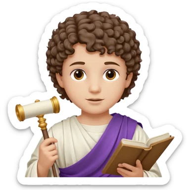 An emoji portrait of a young Roman patrician. He wears a white toga with a purple border. He has short curly hair and a dignified expression, holding a small scroll. sticker