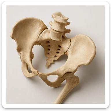 realistic human pelvis tilted, 4K image, anatomical details, evident tilt, top view, clinical atmosphere, light background sticker