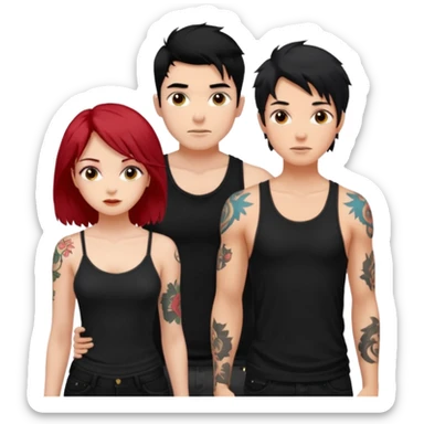 generate a fair boy with messy black hair, tattoos. standing beside a fair black haired girl wearing a black cami top and a tan girl with red hair sticker