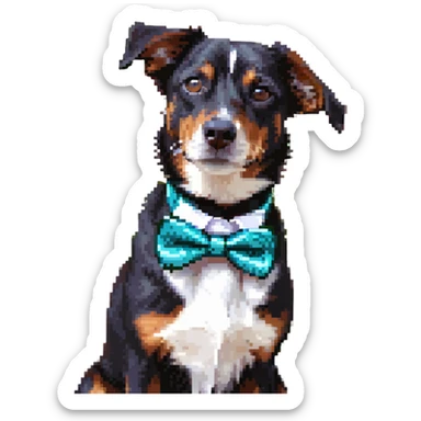 Add a glittery bow tie to the dog while keeping the cigarette. Style is pixel art with transparent background. Keep the background transparent. sticker