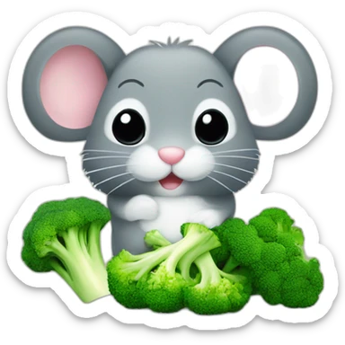 cute fluffy mouse beside plate with broccoli sticker