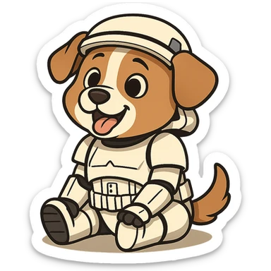 adorable puppy wearing a stormtrooper suit, sitting, cheerful expression, cartoon style sticker