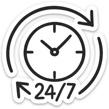 Google Material Design icon for '24/7 Access' illustrating a minimalist clock, simple sun and moon, or clean infinite loop. sticker