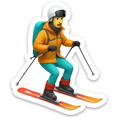 white man skiing full body wearing a dark yellow orange jacket and a red helmet and turquoise pants sticker