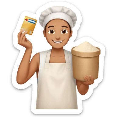 Happy with credit card and pile of flour sticker