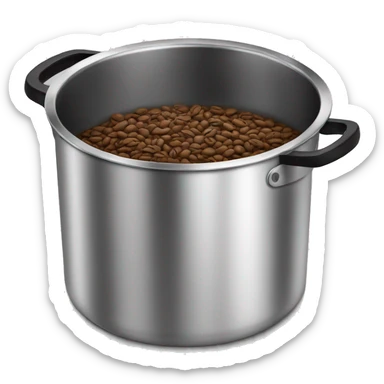 Stainless steel pot with black handlers, beans inside sticker