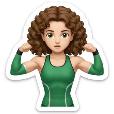 flexing muscles, big biceps, muscled torso, very beautiful italian girl, looking like Emma Watson, with curly and big volume very bright brown hair, dressed in a beautiful green sports costume sticker