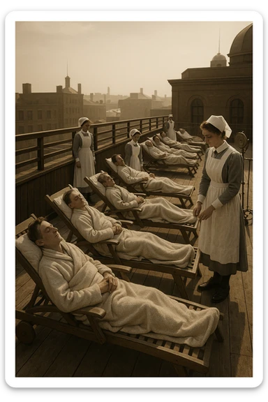 A realistic cinematic image of a hospital rooftop solarium from the 1900s, patients sunbathing under nurse supervision for heliotherapy against tuberculosis and rickets. sticker